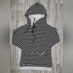 AMPERSAND AVE Black and White Striped Double Hood Hoodie-Size 3XL
